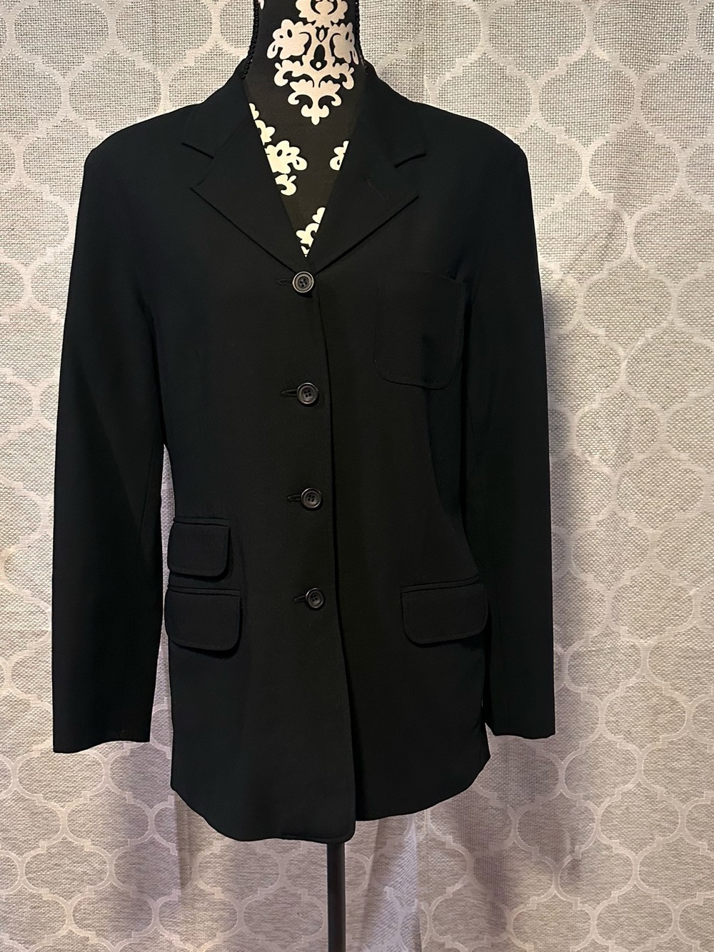 Vtg Spiegel Black WoolBlend Women’s Classic longline blazer Stacked Pockets 10